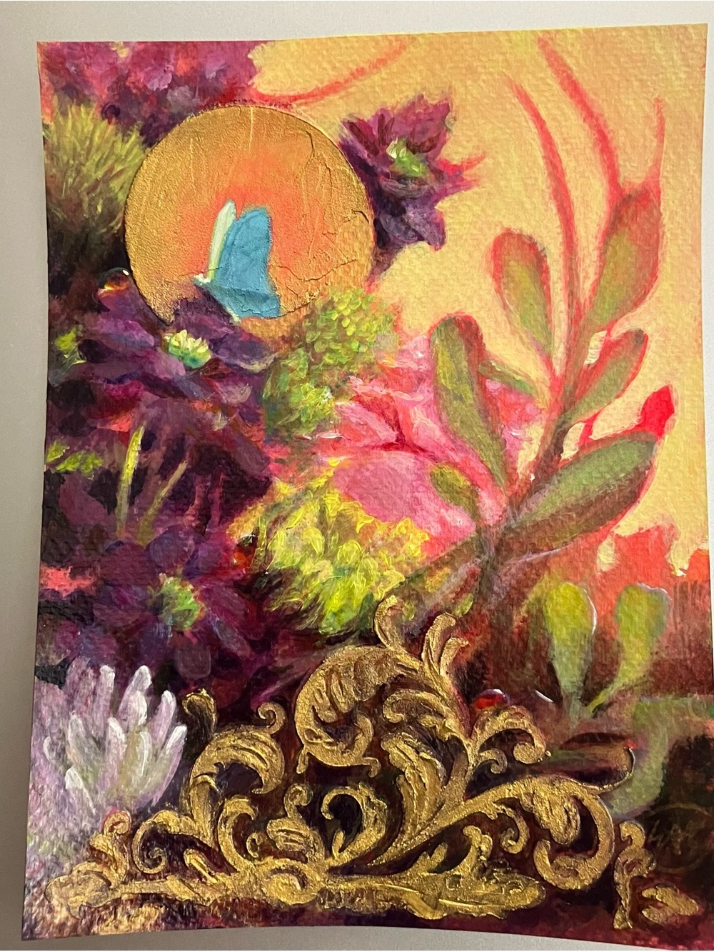 ORIGINAL floral still life painting butterfly nature art flower insect artwork